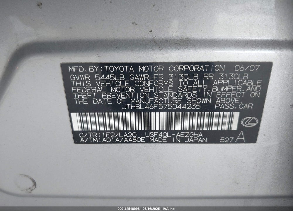 2007 LEXUS LS460 VIN: JTHBL46F575044235