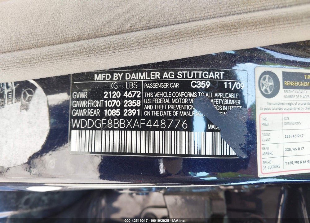 2010 MERCEDES-BENZ C 300 VIN: WDDGF8BBXAF448776