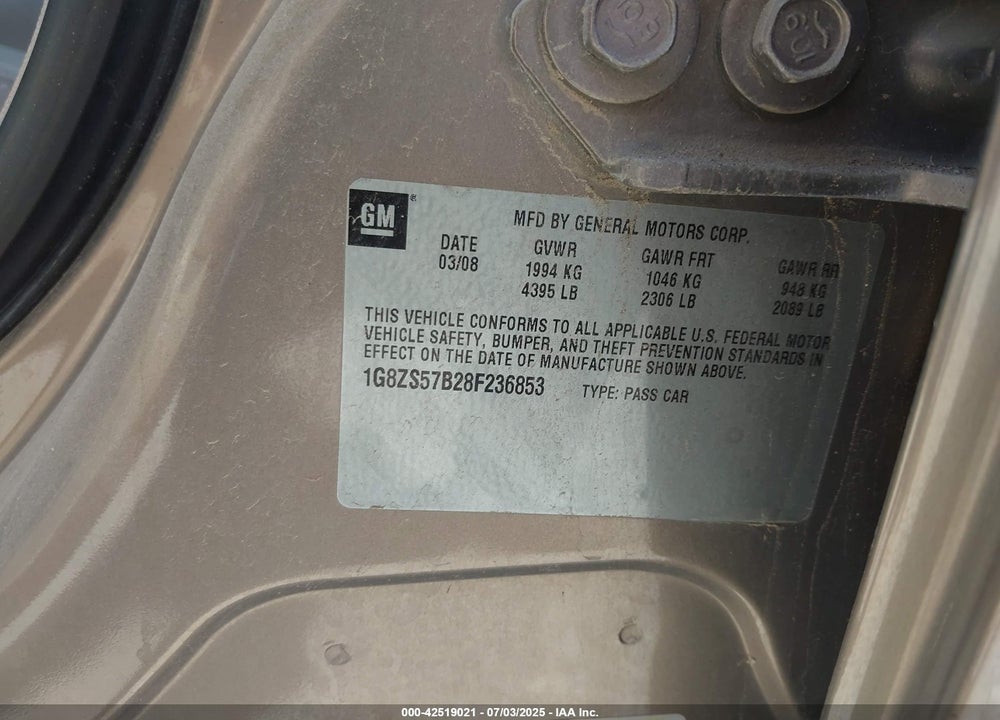 2008 SATURN AURA VIN: 1G8ZS57B28F236853