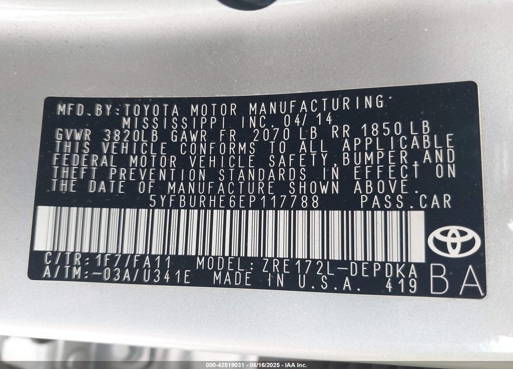 2014 TOYOTA COROLLA VIN: 5YFBURHE6EP117788