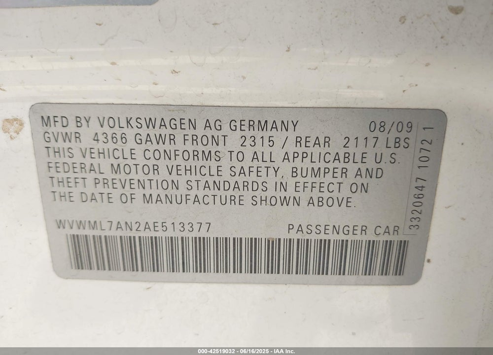 2010 VOLKSWAGEN CC SPORT VIN: WVWML7AN2AE513377