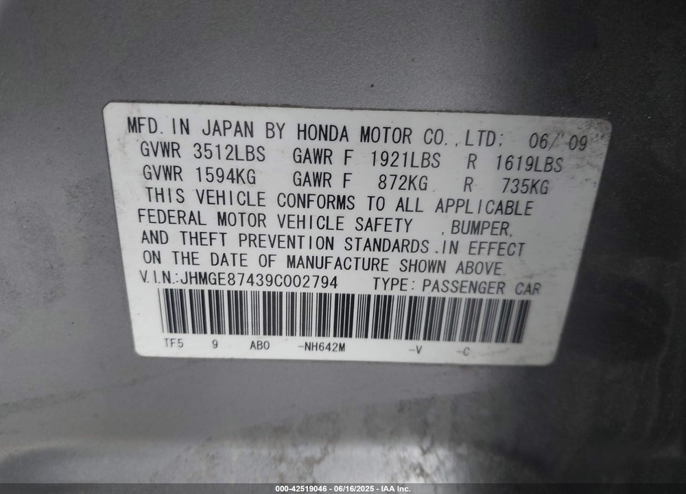 2009 HONDA FIT VIN: JHMGE87439C002794