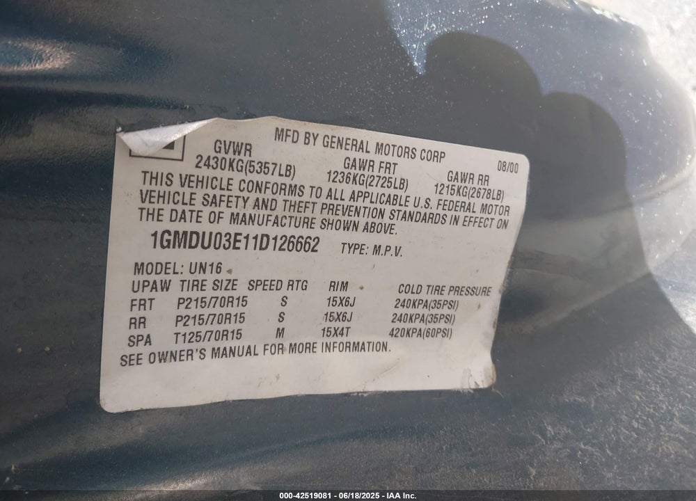 2001 PONTIAC MONTANA N16 W/1SA PKG. VIN: 1GMDU03E11D126662