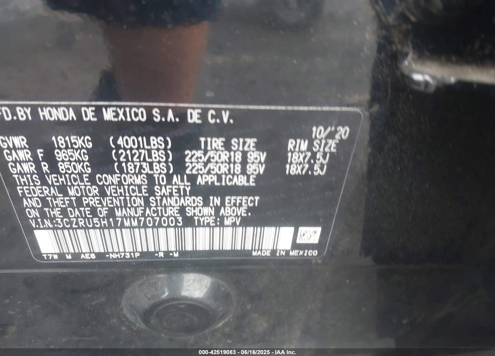 2021 HONDA HR-V VIN: 3CZRU5H17MM707003