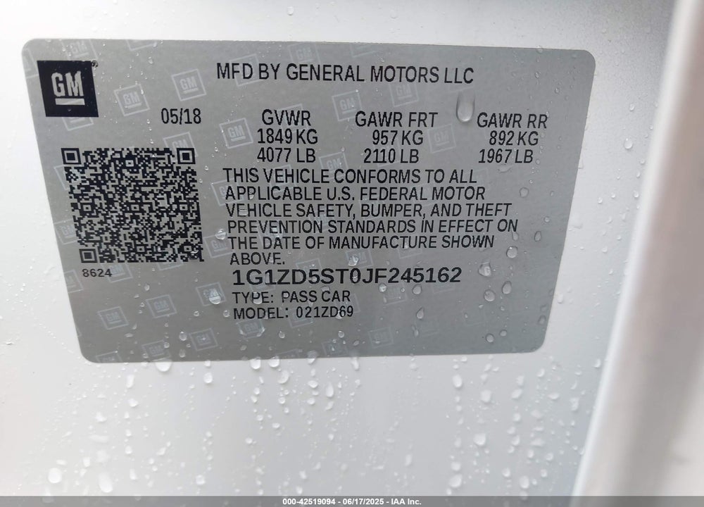2018 CHEVROLET MALIBU LT VIN: 1G1ZD5ST0JF245162