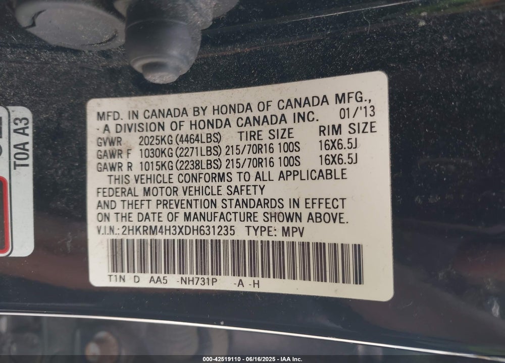 2013 HONDA CR-V VIN: 2HKRM4H3XDH631235