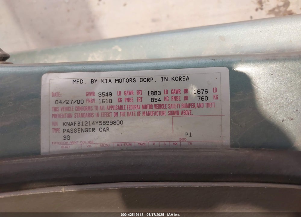 2000 KIA SEPHIA LS/LS W/POWER PKG VIN: KNAFB1214Y5899800