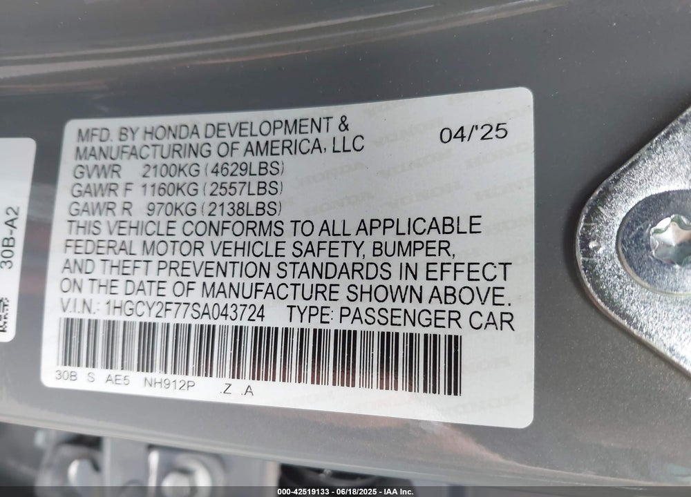 2025 HONDA ACCORD VIN: 1HGCY2F77SA043724