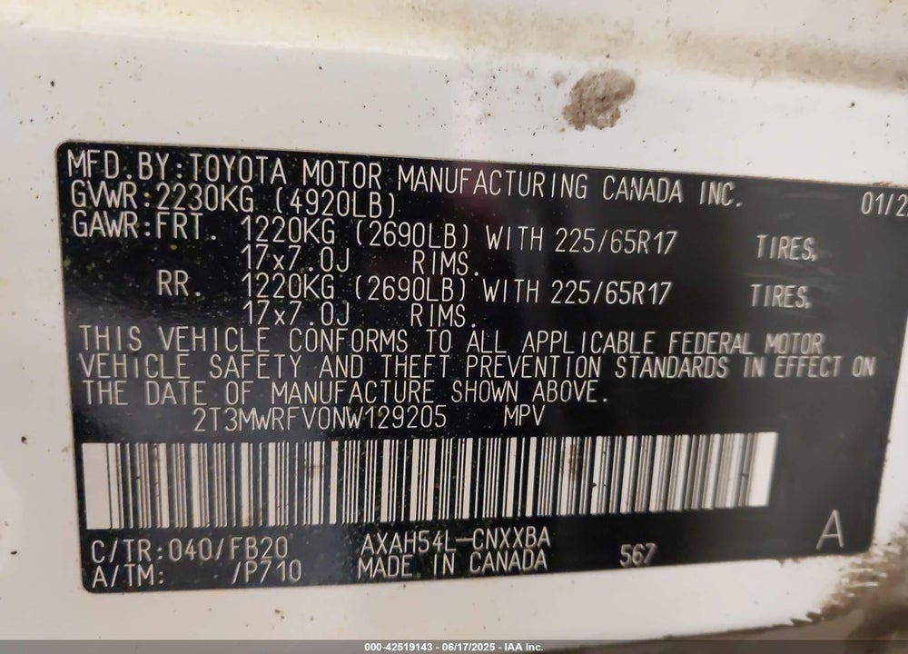 2022 TOYOTA RAV4 HYBRID VIN: 2T3MWRFV0NW129205