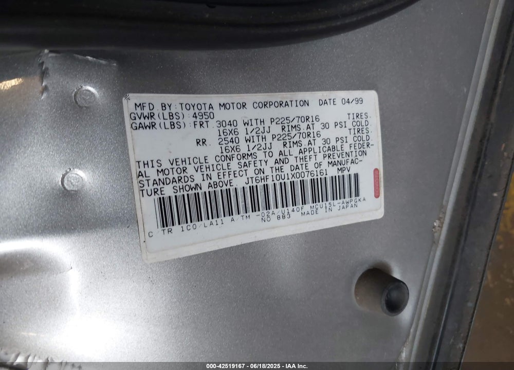1999 LEXUS RX 300 VIN: JT6HF10U1X0076161