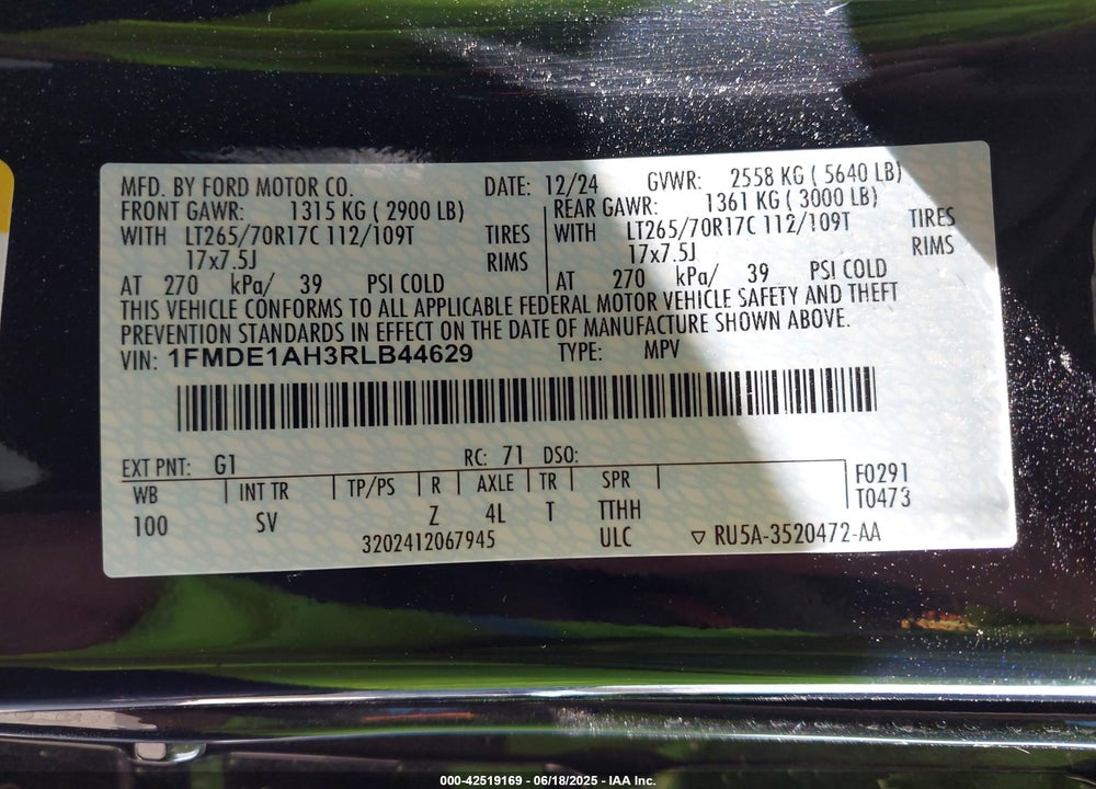 2024 FORD BRONCO VIN: 1FMDE1AH3RLB44629