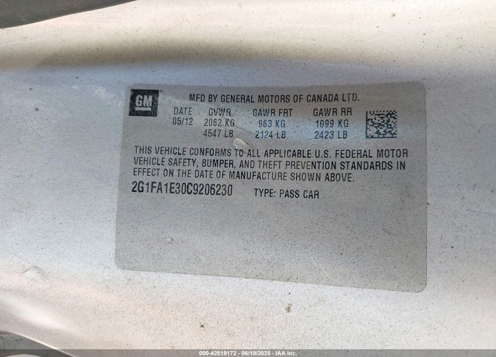 2012 CHEVROLET CAMARO VIN: 2G1FA1E30C9206230