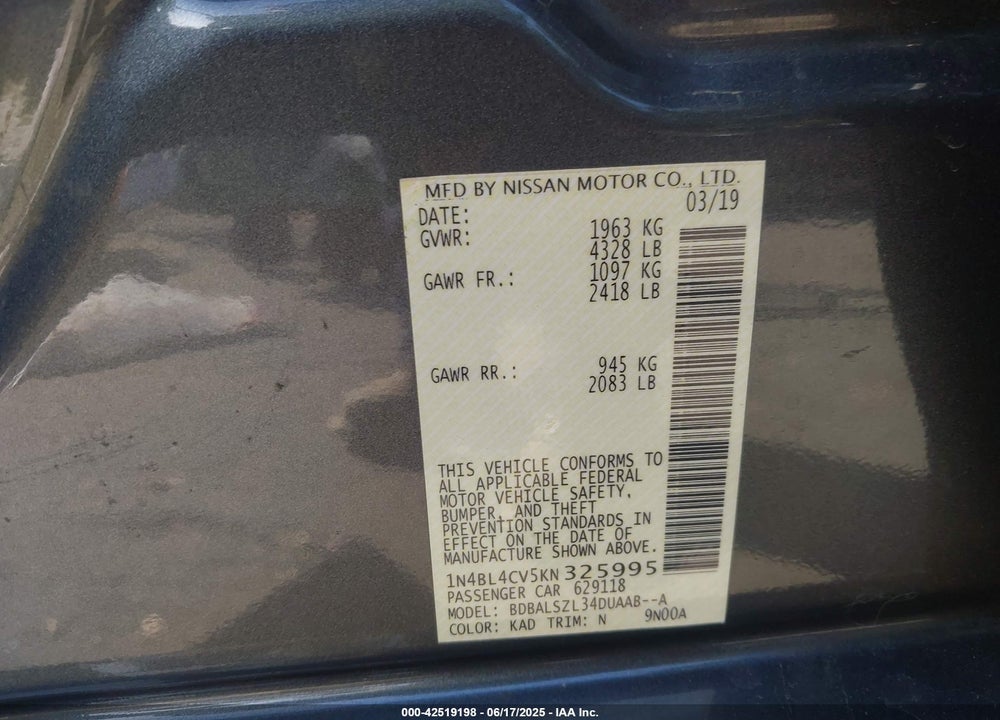 2019 NISSAN ALTIMA VIN: 1N4BL4CV5KN325995