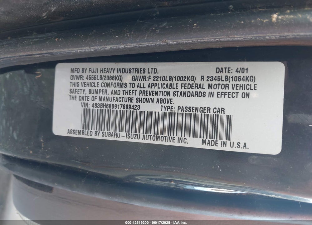 2001 SUBARU OUTBACK LIMITED VIN: 4S3BH686917669423
