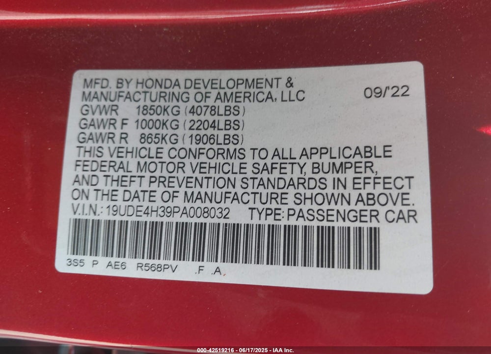 2023 ACURA INTEGRA VIN: 19UDE4H39PA008032