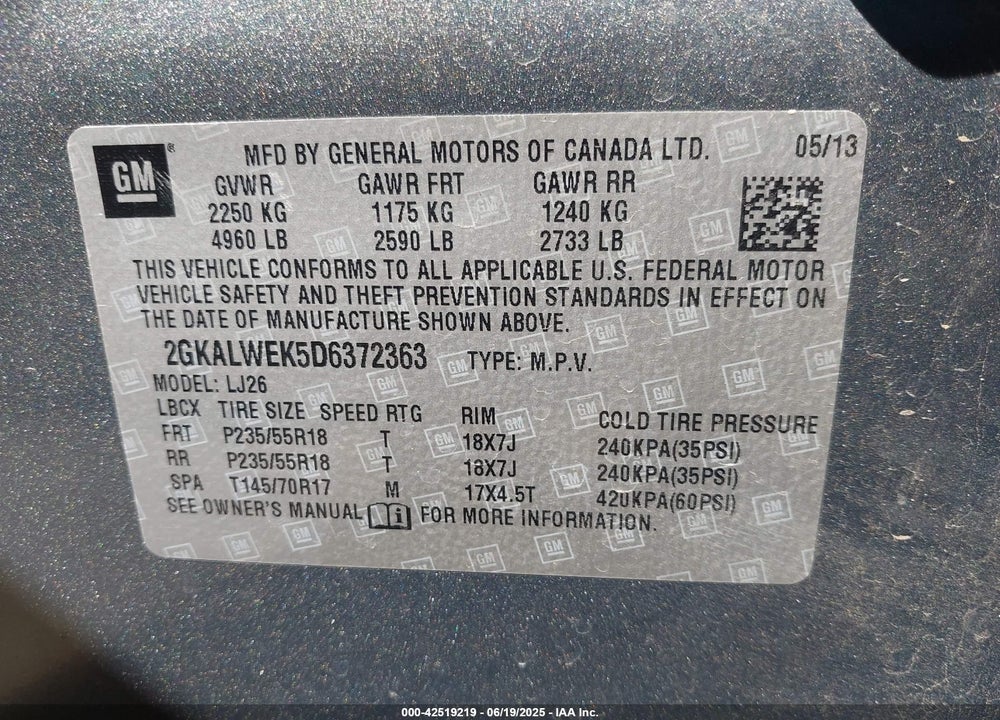 2013 GMC TERRAIN SLT-2 VIN: 2GKALWEK5D6372363
