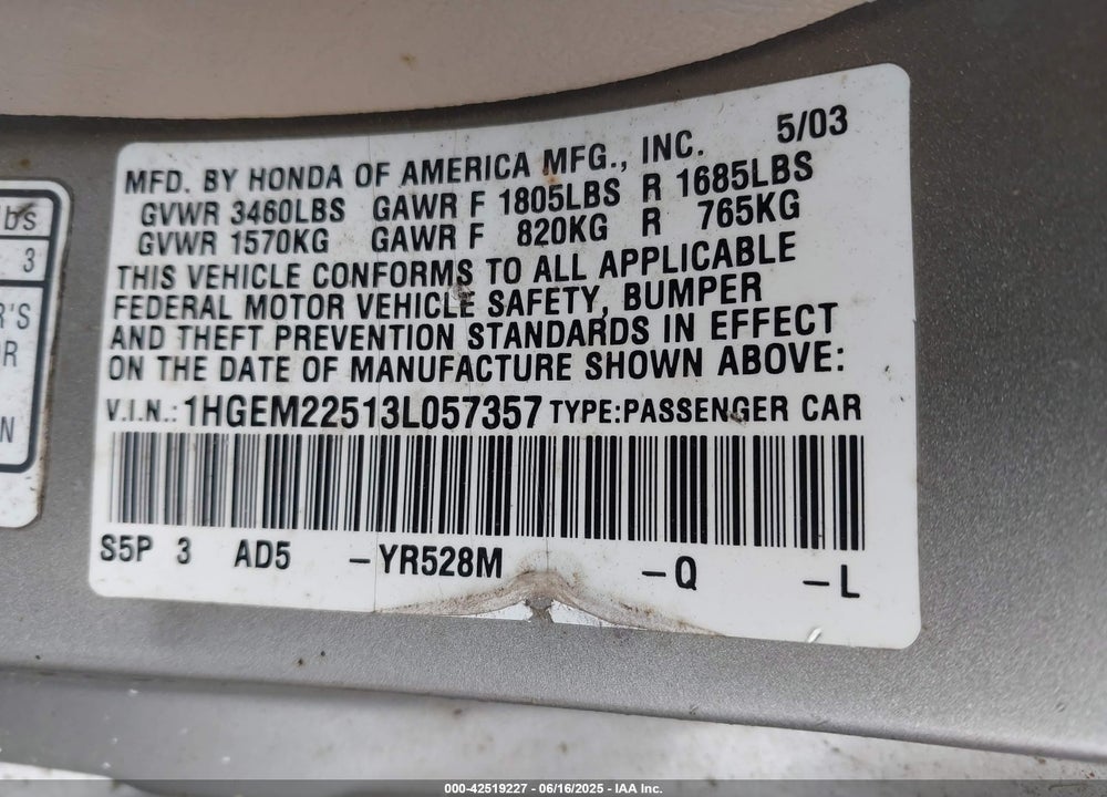 2003 HONDA CIVIC LX VIN: 1HGEM22513L057357