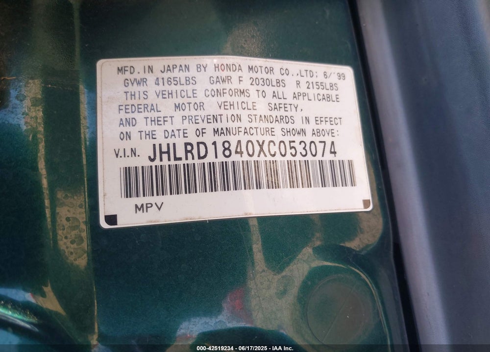 1999 HONDA CR-V VIN: JHLRD1840XC053074