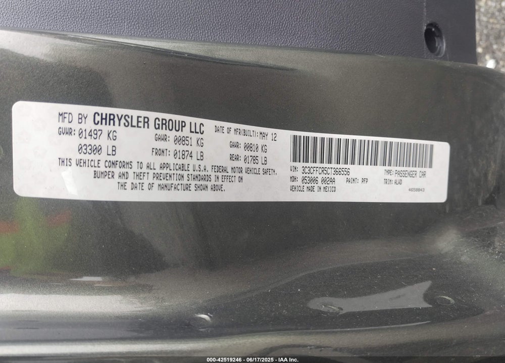 2012 FIAT 500 VIN: 3C3CFFCR5CT366556