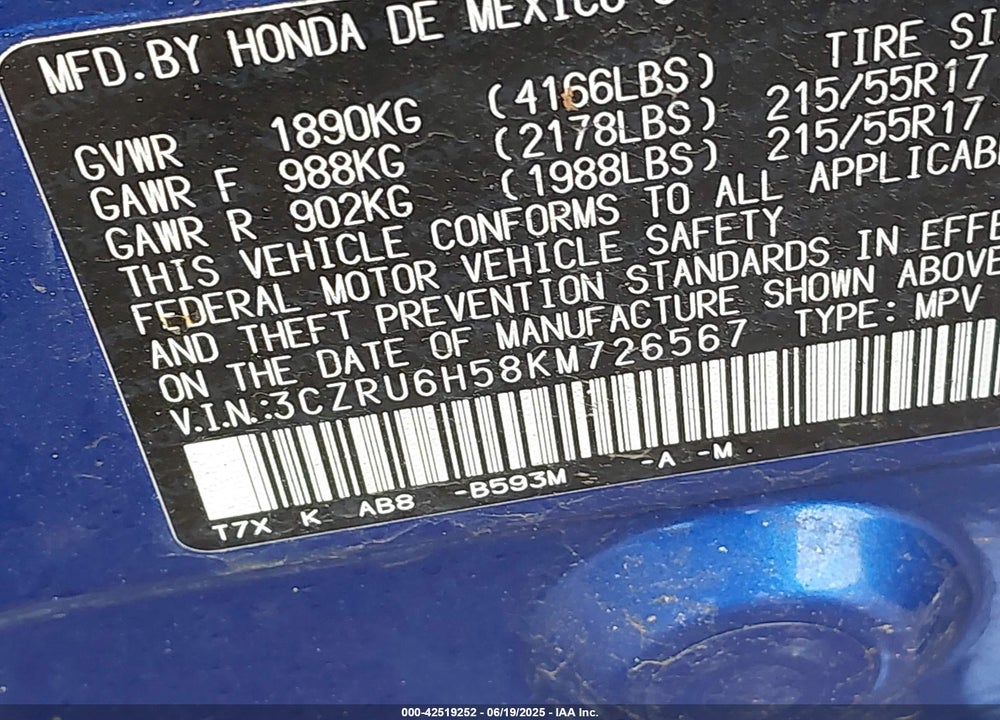 2019 HONDA HR-V VIN: 3CZRU6H58KM726567