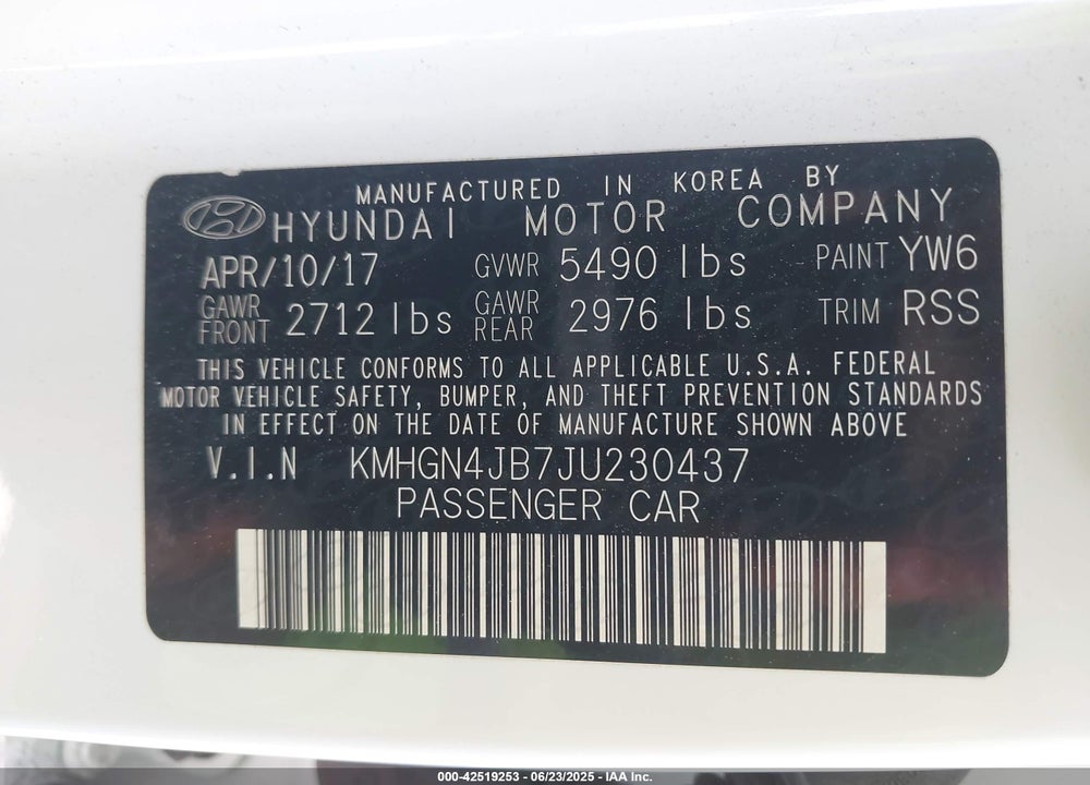 2018 GENESIS G80 VIN: KMHGN4JB7JU230437