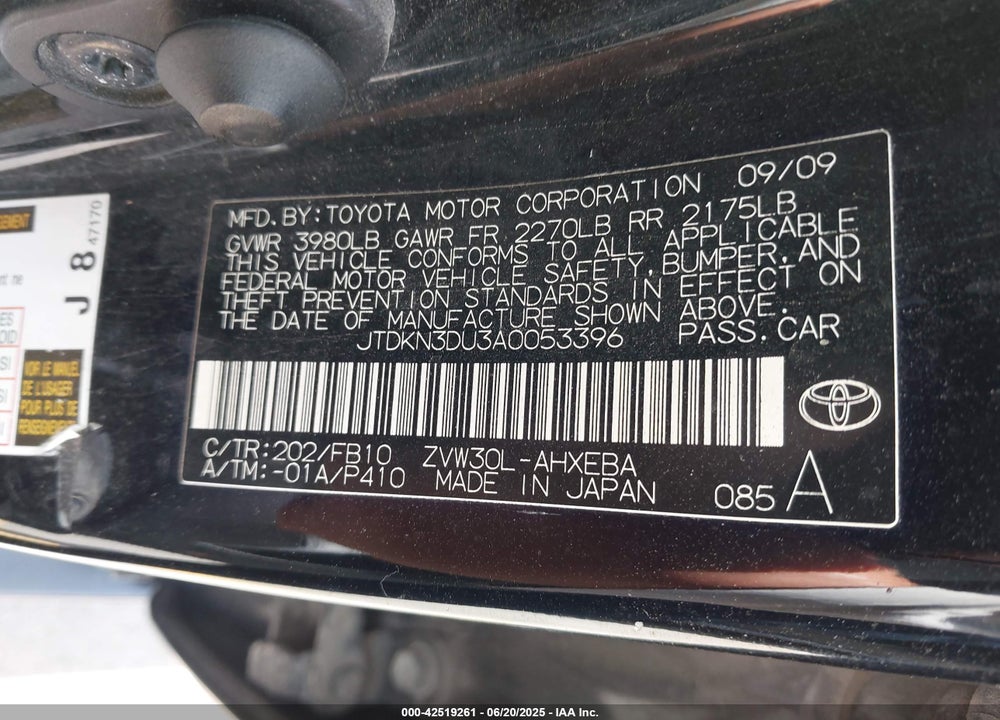 2010 TOYOTA PRIUS VIN: JTDKN3DU3A0053396