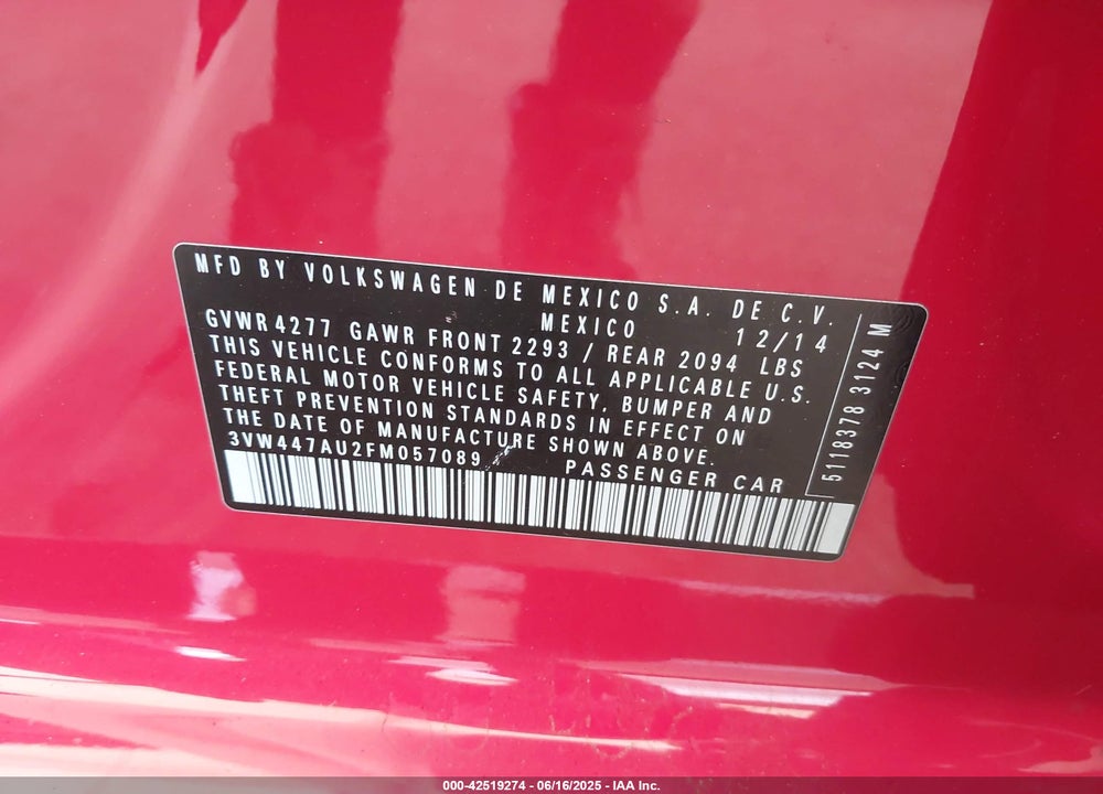 2015 VOLKSWAGEN GOLF GTI 2.0T AUTOBAHN W/PERFORMANCE PACKAGE 4-DOOR VIN: 3VW447AU2FM057089