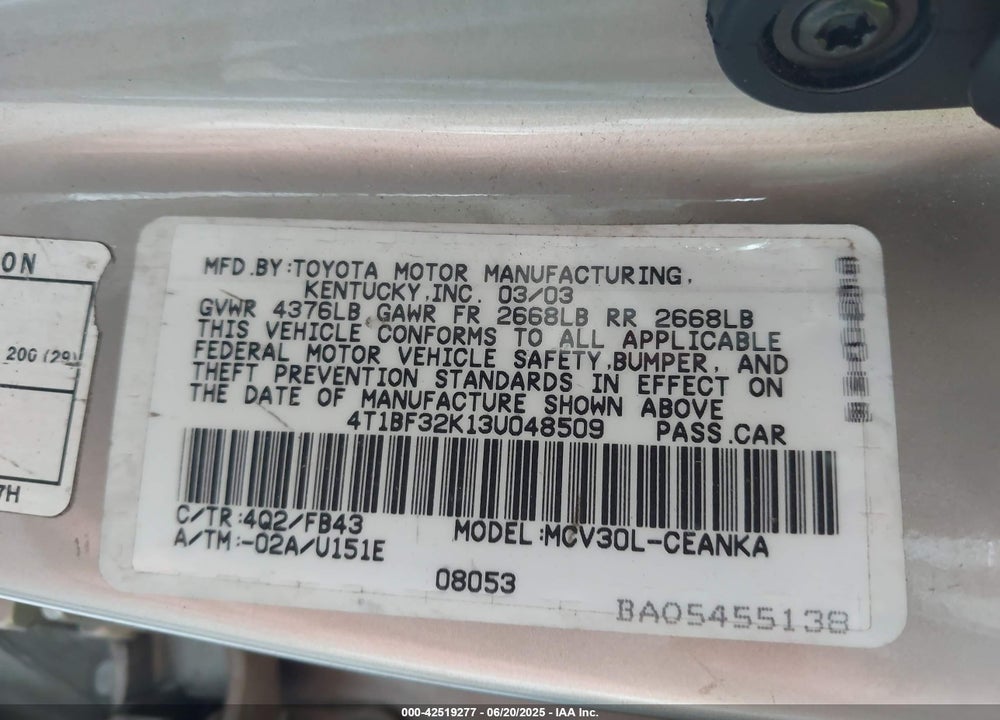 2003 TOYOTA CAMRY LE V6 VIN: 4T1BF32K13U048509