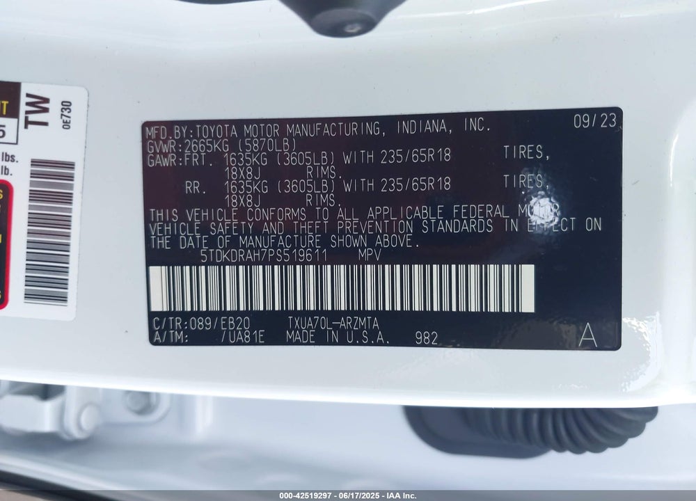 2023 TOYOTA HIGHLANDER VIN: 5TDKDRAH7PS519611