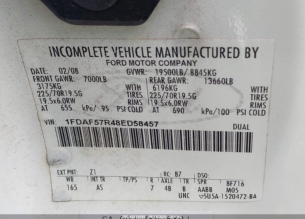 2008 FORD F-550 CHASSIS VIN: 1FDAF57R48ED58457