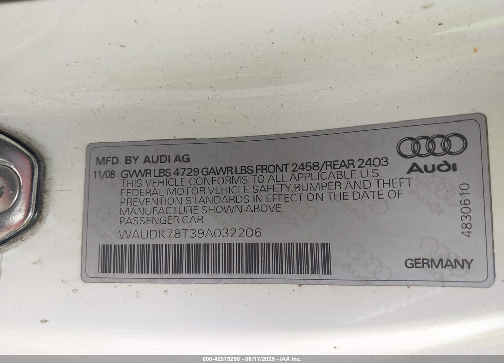 2009 AUDI A5 VIN: WAUDK78T39A032206