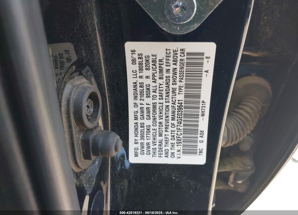 2016 HONDA CIVIC VIN: 19XFC1F74GE039641