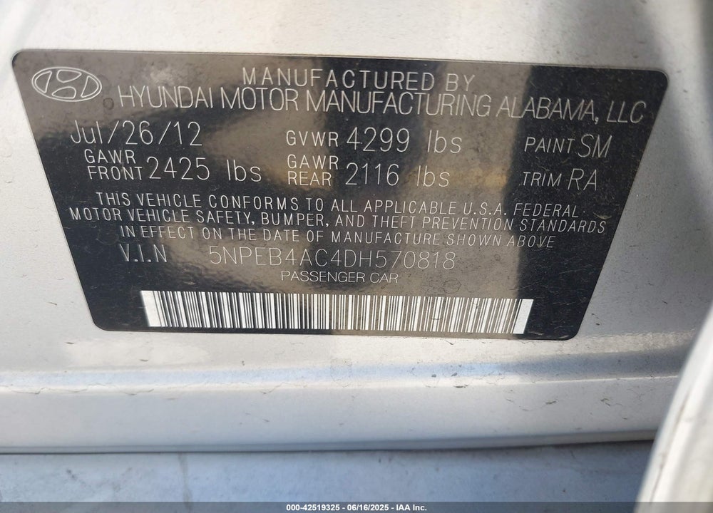 2013 HYUNDAI SONATA GLS VIN: 5NPEB4AC4DH570818