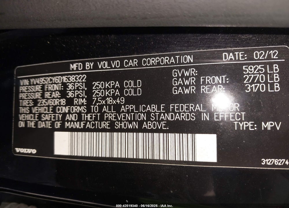 2013 VOLVO XC90 VIN: YV4952CY6D1638322