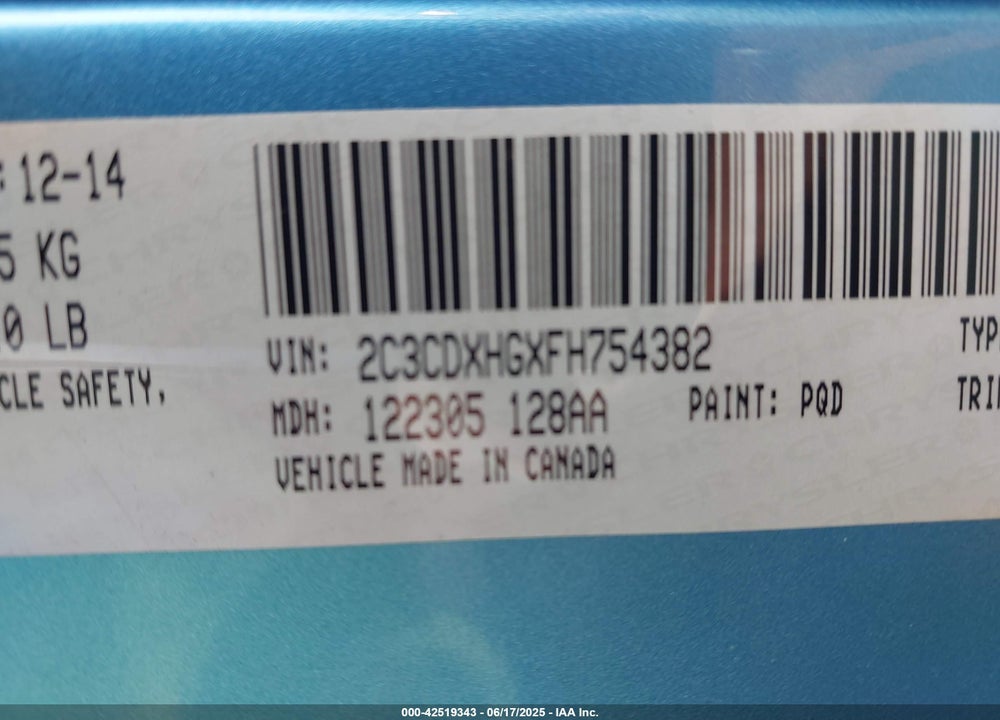 2015 DODGE CHARGER VIN: 2C3CDXHGXFH754382