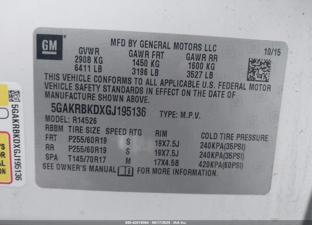 2016 BUICK ENCLAVE VIN: 5GAKRBKDXGJ195136