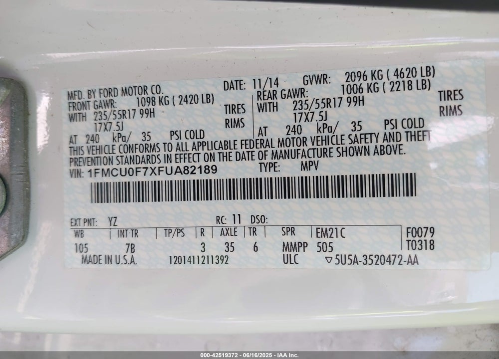 2015 FORD ESCAPE VIN: 1FMCU0F7XFUA82189