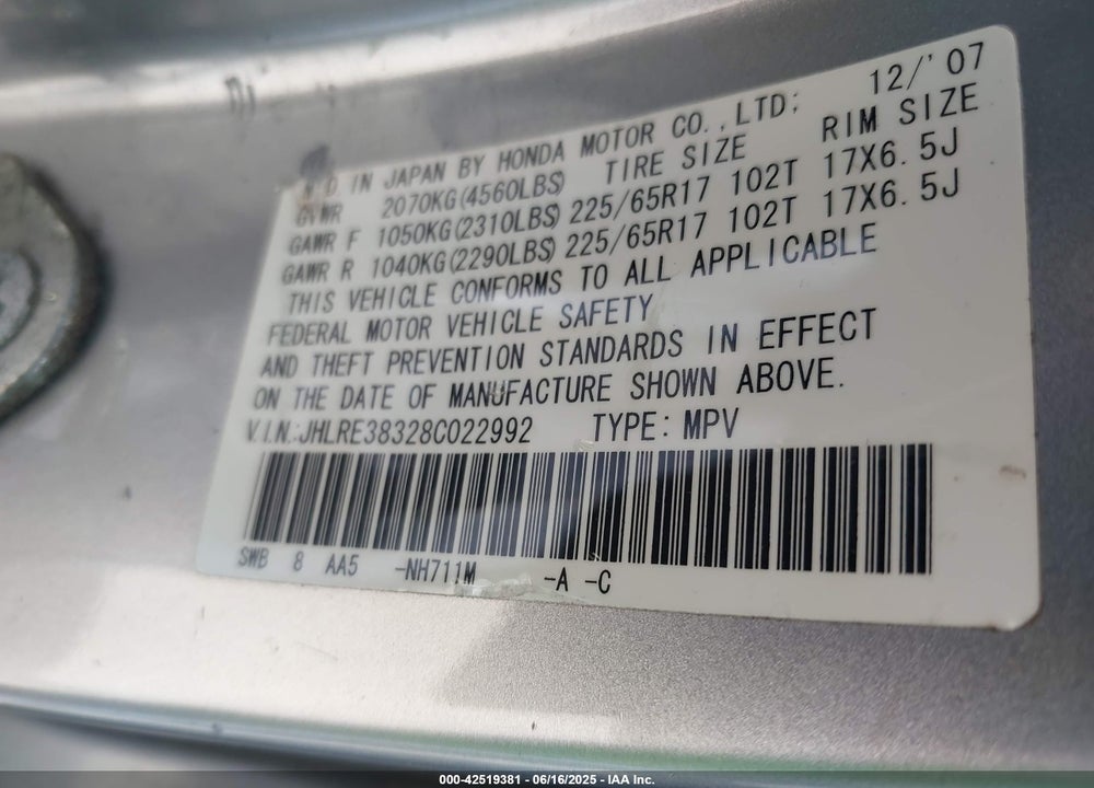 2008 HONDA CR-V LX VIN: JHLRE38328C022992