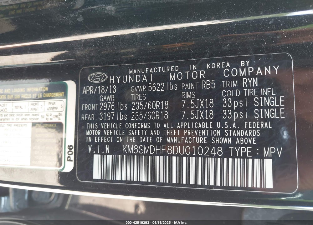 2013 HYUNDAI SANTA FE VIN: KM8SMDHF8DU010248