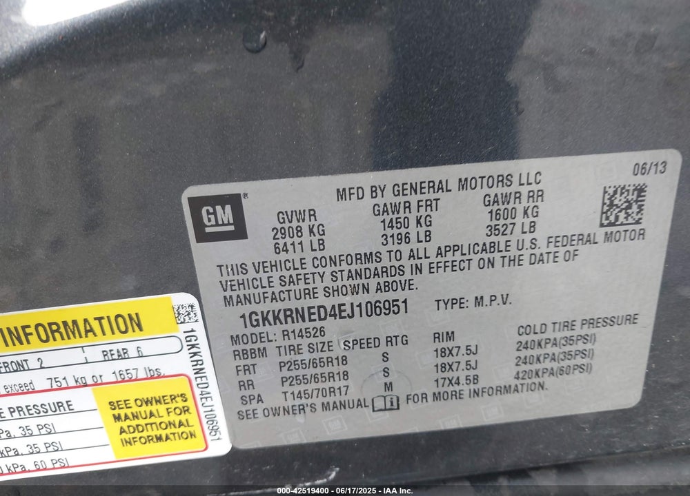 2014 GMC ACADIA VIN: 1GKKRNED4EJ106951