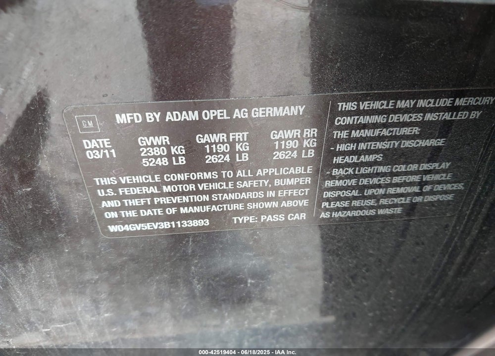 2011 BUICK REGAL VIN: W04GV5EV3B1133893
