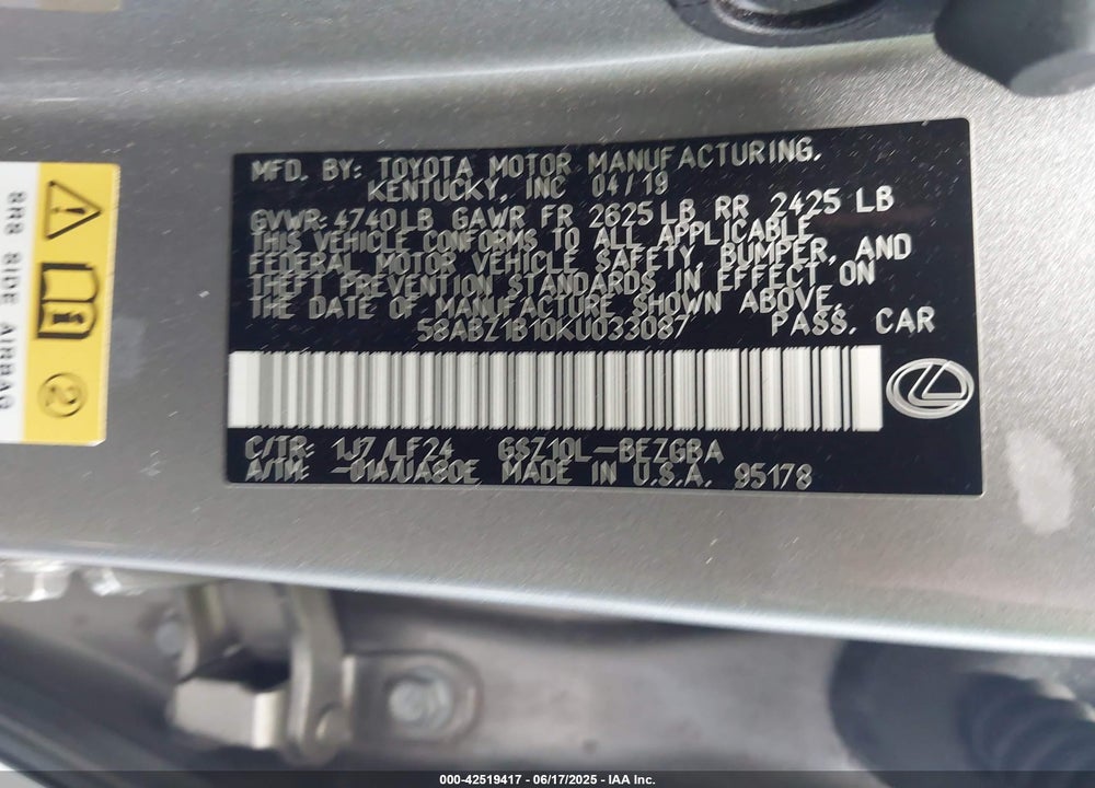 2019 LEXUS ES 350 F-SPORT VIN: 58ABZ1B10KU033087