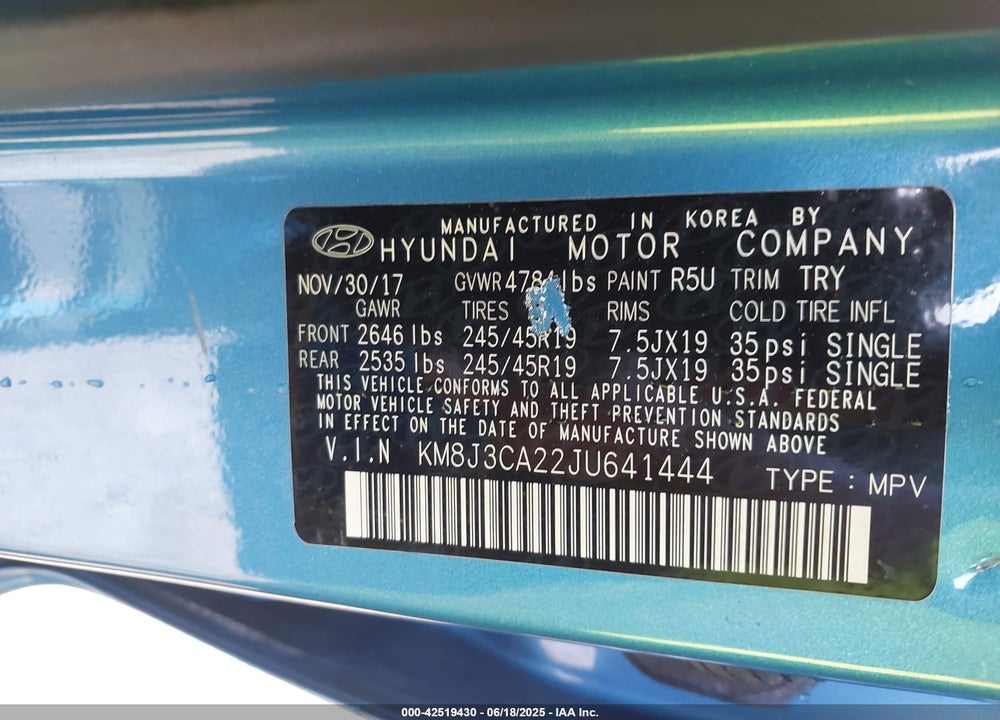 2018 HYUNDAI TUCSON VALUE VIN: KM8J3CA22JU641444