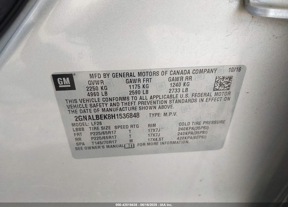 2017 CHEVROLET EQUINOX LS VIN: 2GNALBEK8H1536848
