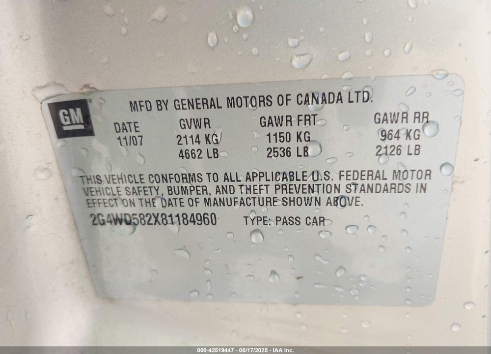 2008 BUICK LACROSSE CXL VIN: 2G4WD582X81184960