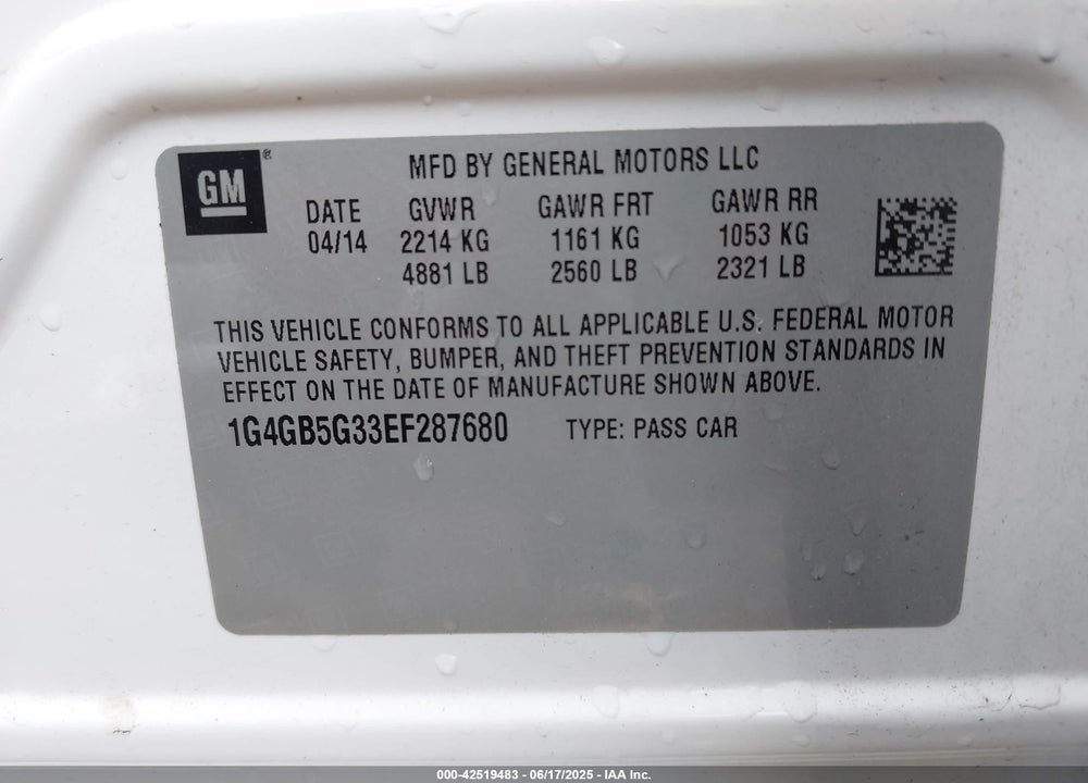2014 BUICK LACROSSE VIN: 1G4GB5G33EF287680