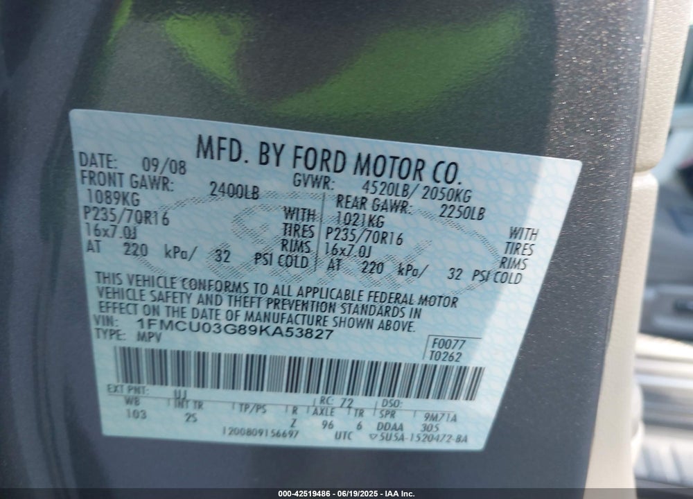 2009 FORD ESCAPE VIN: 1FMCU03G89KA53827