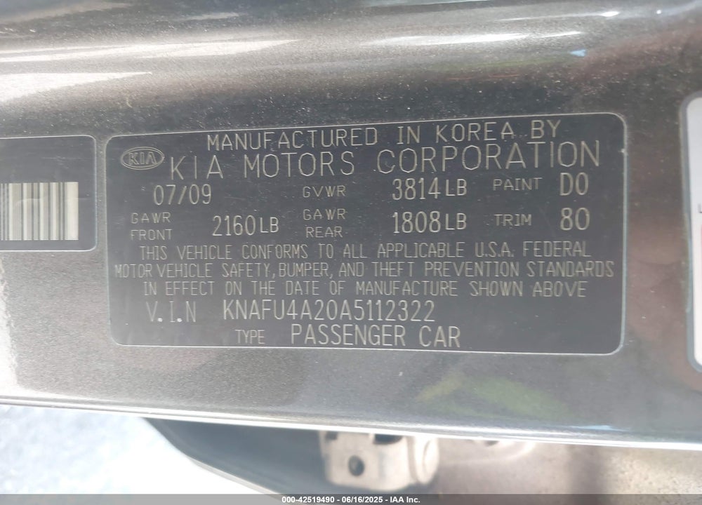 2010 KIA FORTE VIN: KNAFU4A20A5112322