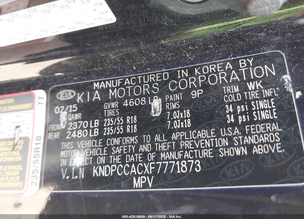 2015 KIA SPORTAGE VIN: KNDPCCACXF7771873