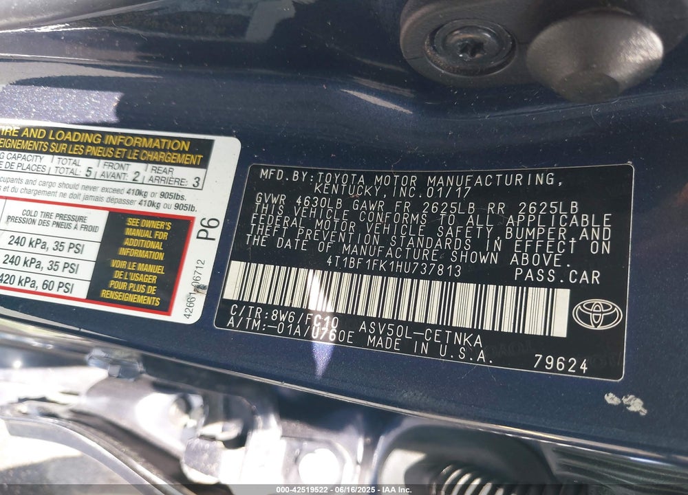 2017 TOYOTA CAMRY VIN: 4T1BF1FK1HU737813